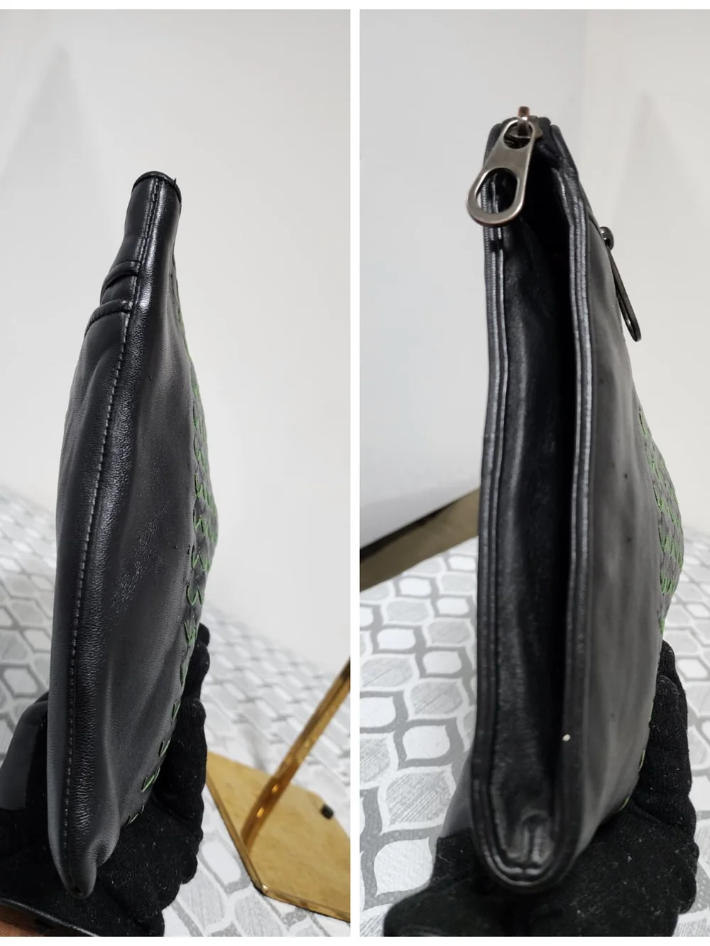Bottega Veneta Black Leather Pouch with Green Center Stripe